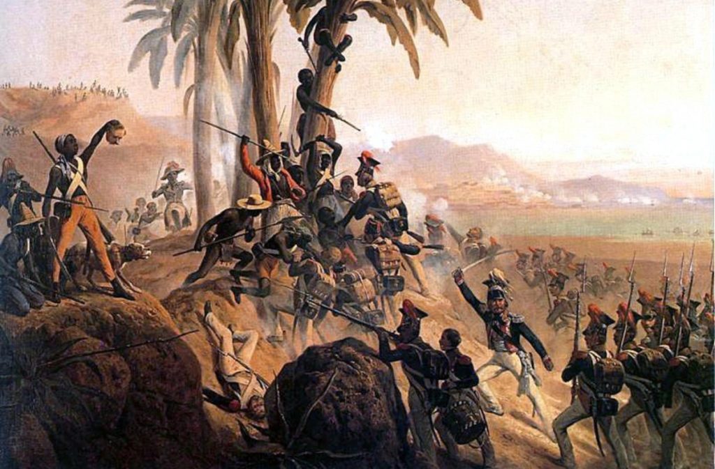 Painting of the Battle for Palm Tree Hill by January Suchodolski (1845) – depicting a skirmish between French infantrymen and Haitian rebels during the Haitian Revolution.