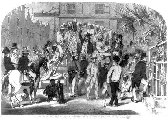 Engraving depicting enslaved people being sold at auction in Charleston, South Carolina, circa 1860