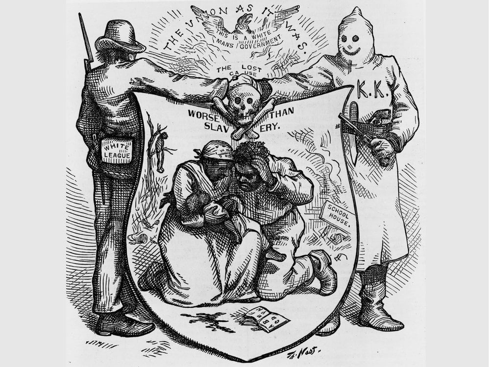 Cartoon by Thomas Nast depicting members of the White League and KKK joining hands over a terrorized Black family.